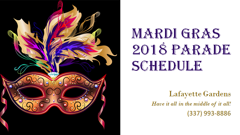 Mardi Gras Mask with announcement of the 2018 Parade Schedule - 3 Bedroom Apartments - Lafayette La - Lafayette Gardens Apartments