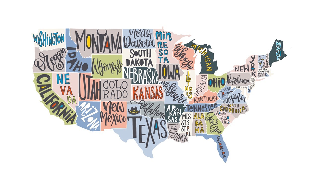 image of the United States with each state written in a different fun font - lafayette louisiana apartments - lafayette gardens
