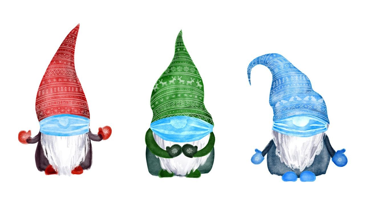 Holiday Gnomes with facemask on - apartments in Lafayette Louisiana - Gardens of Lafayette 