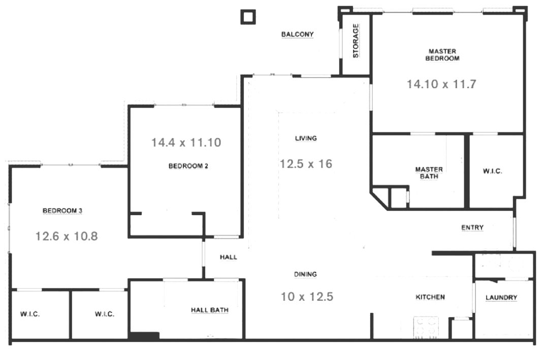 Image of the dimensions of 3 bedroom handicap apartment - Apartments in Lafayette LA - Lafayette Gardens Apartments