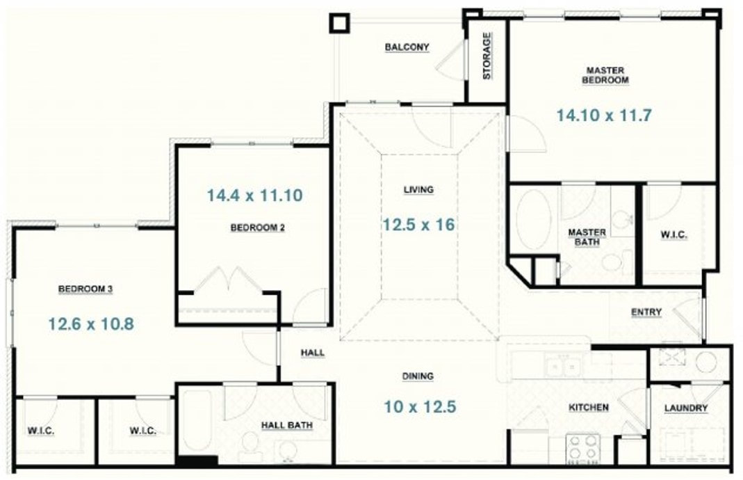 Image of the dimensions of 3 bedroom apartment - Apartments in Lafayette LA - Lafayette Gardens Apartments