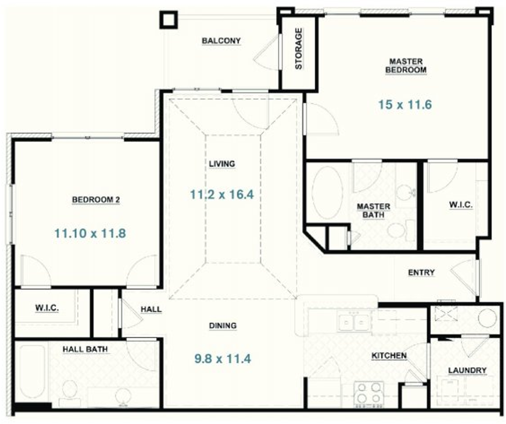 Image of the dimensions of 2 bedroom handicap apartment - Apartments in Lafayette LA - Lafayette Gardens Apartments